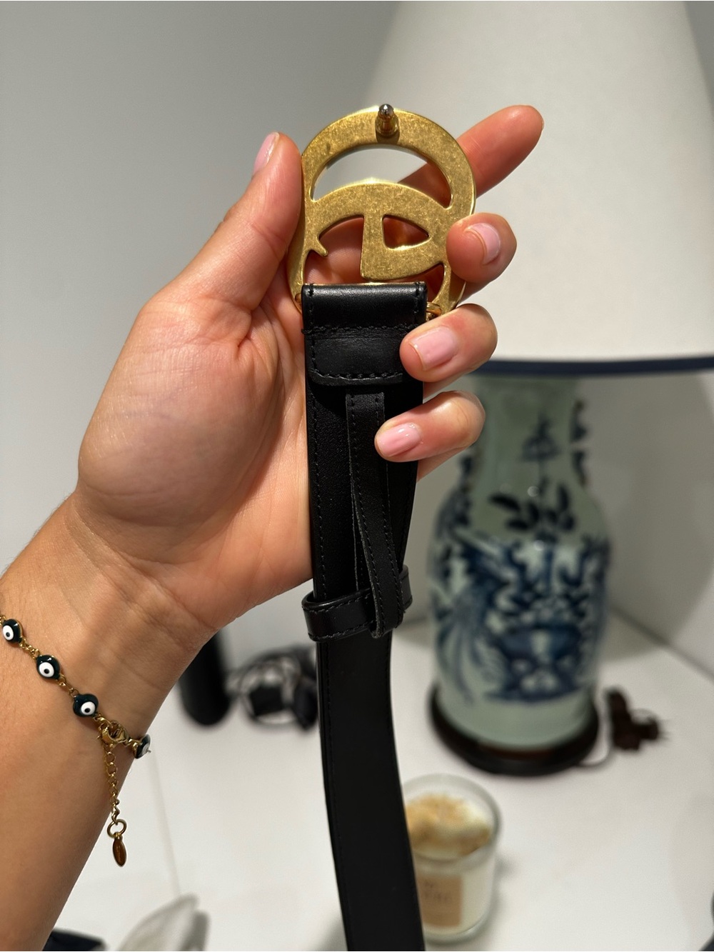 Black Leather Belt with Gold Double-Ring Buckle